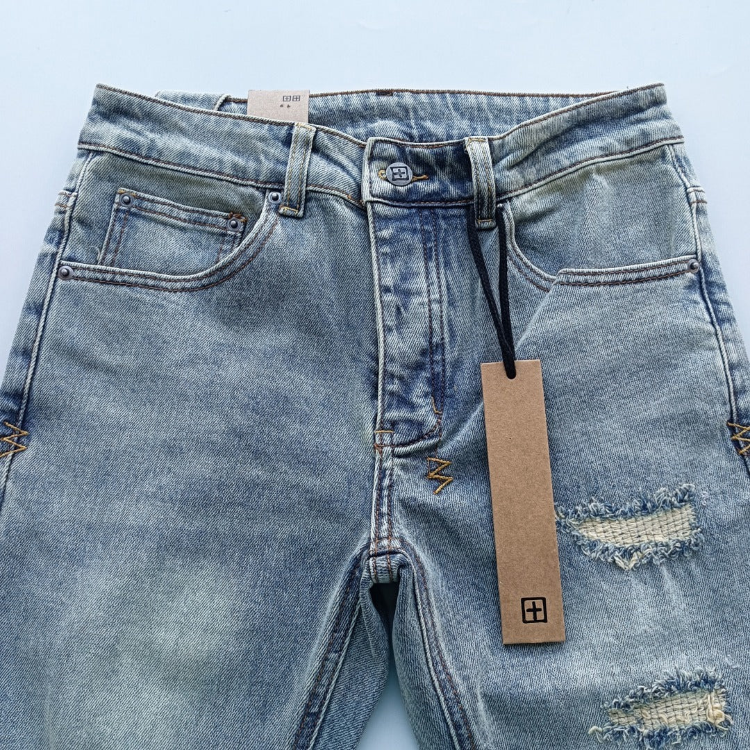 Ksubi Men's Washed Blue Ripped Letter Printing Jeans