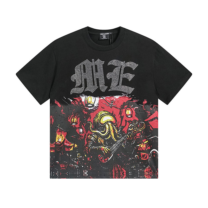 Mixed Emotion Vintage Rhinestone Letter Print T-Shirt Octopus Graphic Tee