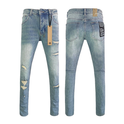 Ksubi Men's Washed Blue Ripped Letter Printing Jeans