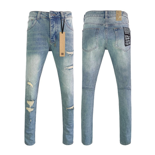 Ksubi Men's Washed Blue Ripped Letter Printing Jeans
